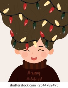 Cute Character Illustration with Woman, Girl at Long Hair, Lights Decorations, and Happy Holidays Sweater Pattern