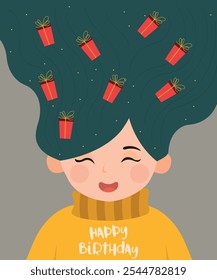 Cute Character Illustration with Woman, Girl at Long Hair, Present Decorations, and Happy Birthday Sweater Pattern