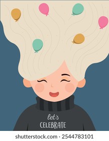 
Ilustração de Personagem Bonito com Mulher, Menina de Cabelo Longo, Decorações de Balões, e Vamos Celebrar o Suéter