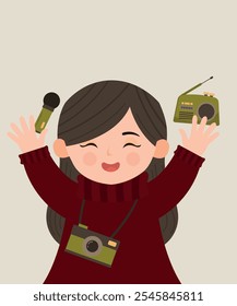  Ilustración linda del carácter con la mujer, la muchacha que sostiene la radio, el micrófono y la cámara retro del desgaste