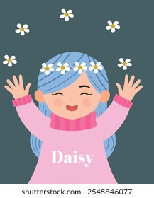 Cute Character Illustration with Woman, Girl Holding Daisy and Decoration