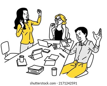 Cute character illustration of young business people enjoy celebration with excited moment while sitting at workplace. Outline, linear, thin line art, hand drawn sketch design, simple style.