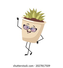 Cute character indoor plant in a pot with glasses and joyful emotions, smile face, happy eyes, arms and legs. Planter with succulent for interior decoration