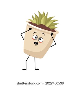 Cute character indoor plant in a pot with emotions in a panic grabs his head, surprised face, shocked eyes, arms and legs. Planter with succulent for interior decoration
