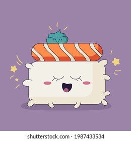 Cute character of Japanese food, smiling sushi with salmon and wasabi on top of it. Kawaii character in doodle style isolated on a purple background. Vector illustration