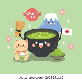 cute character Japanese Matcha Green tea, cute Fuji san, Lucky Cat Love Green tea