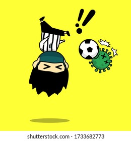 Cute character jump and bicycle kick the ball to the virus. Football player design fighting against virus. Illustration vector