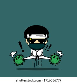 Cute character jump and kick virus. Karate player fighting against virus. illustration vector