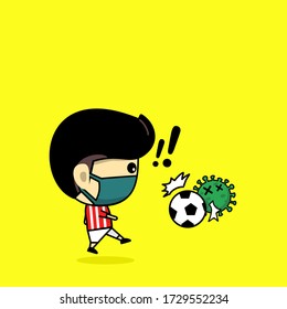 Cute character kick the ball to the virus. Football player design fighting against virus. Illustration vector