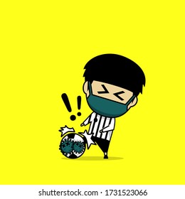 Cute character kick the ball with a virus. Football player design fighting against virus. Illustration vector