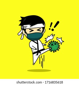 Cute character kick virus. Karate player design against virus. Illustration vector