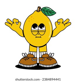 Cute character Lemon in groovy cartoon style. Trendy and modern illustration with funky comic mascot. Yellow color of fruit. 70s, 80s retro vibes. Vector illustration