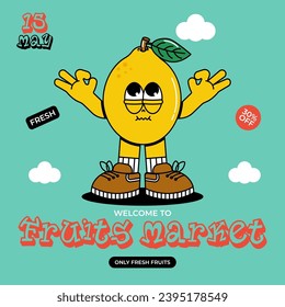 Cute character Lemon in groovy cartoon style.  Vintage mascot card with psychedelic smile and emotion. 70s, 80s retro vibes. Funky vector illustration