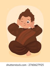 Cute character, little boy Buddhist monk in brown clothes. Smiling Buddha covers his ears with his hands. Happy Vesak day.