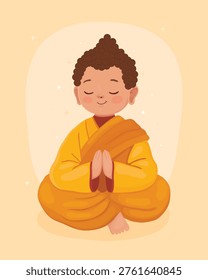 Cute character, little boy Buddhist monk or Buddha in yellow clothes. Buddha in a pose of prayer. Happy Vesak day.