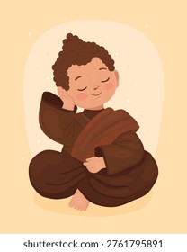 Cute character, little boy Buddhist monk in brown clothes. Thoughtful smiling Buddha. Happy Vesak day.	
