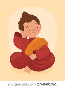Cute character, little boy Buddhist monk in red clothes. Thoughtful smiling Buddha. Happy Vesak day.	