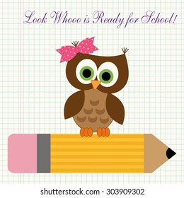 Cute character of little owl sitting on a pencil against copybook squared paper background as a symbol of young and curious first grader