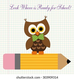 Cute character of little owl sitting on a pencil against copybook squared paper background as a symbol of young and curious first grader