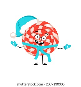 Cute character lollipop with happy emotions, face, smile, eyes, arms and legs in Santa hat with scarf and mittens. Cheerful sweet candy person