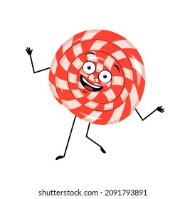 Cute character lollipop with happy emotions, face, smile, eyes, arms and legs. Cheerful sweet candy person. Vector flat illustration