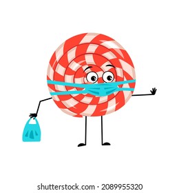 Cute character lollipop with sad emotions, face and mask keep distance, hands with shopping bag and stop gesture. Sweet candy person with depression expression