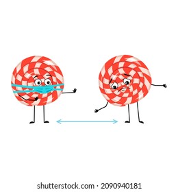 Cute character lollipop with sad emotions, face and mask keep distance, arms and legs. Sweet candy person with depression expression