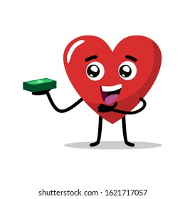 cute character of the love heart mascot carrying a stack of money, banking mascot vector illustration. flat design