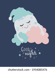 Cute character luna. Dark blue sky, clouds, stars. Good night, little ones. Design for postcards, clothing, posters, fabric. Flat vector illustration. Kartun style.