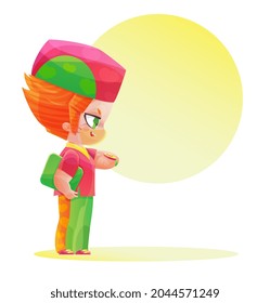 Cute character male doctor watching watch. Drawing in the style of manga and anime. Childish cartoon style in pink and green bright colors