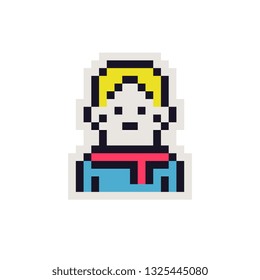 Cute character man perfect pixel art icon. Design for avatar, portrait, profile picture, stickers, web, mobile app. Logo for game design. 1-bit. Young guy isolated vector illustration. Game assets.