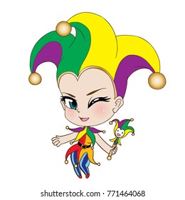 Cute character of Mardi Gras harlequin girl