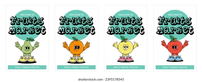 Cute character mascot Apple, Peach, Pear in groovy cartoon style. Vintage posters for Fresh Market with psychedelic smile and emotion. Funky vector illustration