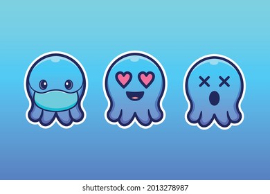 cute character mascot emoticon sticker three octopus with safe expression wearing a mask full of love and death vector illustration .three cute and packed emoticons.