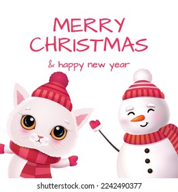 Cute сat character. Merry christmas and Happy new year 2023 invitation card. Winter holidays. Vector Illustration EPS10.