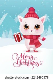 Cute сat character. Merry christmas and Happy new year 2023 invitation card. Winter holidays. Vector Illustration EPS10.