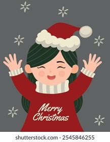  Cute Character Merry Christmas Illustration with Woman, Girl Holding Snowflakes and Wear Sweater,Santa Hat