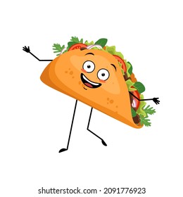 Cute character mexican taco with happy emotions, face, smile, eyes, arms and legs. Cheerful fast food person is dancing, sandwich with flatbread.