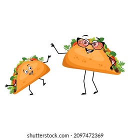 Cute character mexican taco with happy emotions, face, smile, eyes, arms and legs. Cheerful fast food, grandmother with glasses and grandson, sandwich with flatbread.