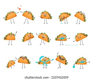 Cute character mexican taco with happy or sad emotions, panic, loving or brave face, hands and legs. Cheerful fast food person, sandwich with mask, glasses or hat. Vector flat illustration