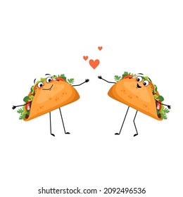 Cute character mexican taco with love emotions, smile face, arms and legs. Cheerful fast food person, sandwich with flatbread.