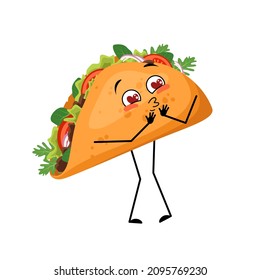 Cute character mexican taco with love emotions, smile face, arms and legs. Cheerful fast food person, sandwich with flatbread.