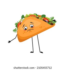 Cute character mexican taco with sad emotion, face, depressive eyes, arms and legs. Fast food person with melancholy expression, sandwich with flatbread.