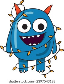 Cute character or monster with Christmas garland in cartoon style, winter holiday theme mascot for children, fantastic creature