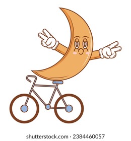 Cute Character Moon and bike in groovy style. Isolated retro sticker on a transparent background for various purposes. Vintage vector illustration.