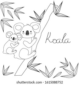 Cute character mother koala and baby in cartoon style with eucalyptus for coloring book. Print or Poster Design for Kids, coloring book. Greeting Card, Baby dishes and clothes.