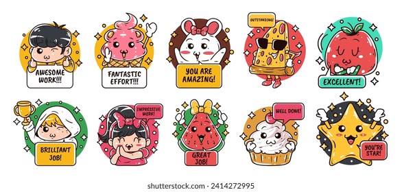 Cute character with a motivation text vector illustration set