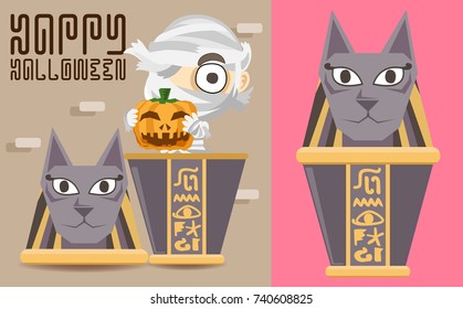 Cute character mummy in cute canopic jar Egypt concept vector design,Vector cartoon flat children character for halloween.