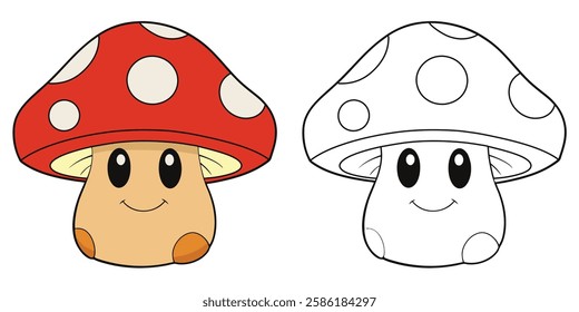 Cute Character of Mushroom Cartoon Coloring Book For Kids Printable Vector