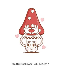 Cute Character Mushroom in love in groovy style. Isolated retro sticker on a transparent background for various purposes. Vintage vector illustration.